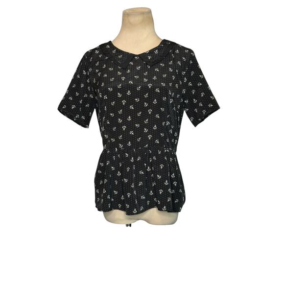 Forever 21 black white anchor print short sleeves blouse size medium - Picture 7 of 13
